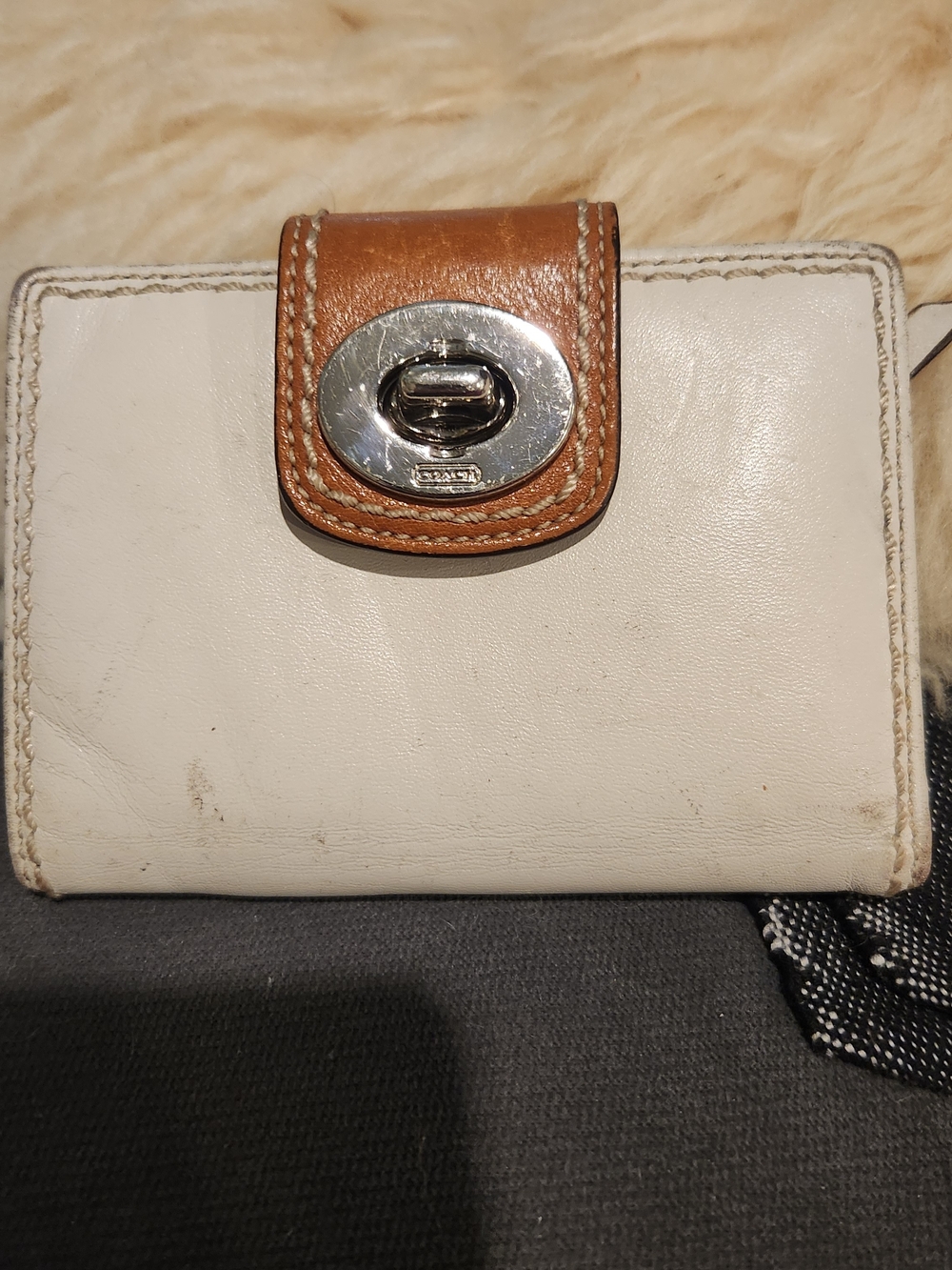 Coach White Leather Wallet with Tan Leather Turn-Lock Flap
